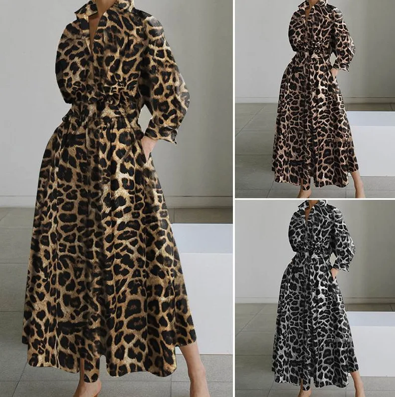 Leopard Print Cotton And Linen Shirt Dress Women Loose Solid A-Line Cardigan Long Dress Pockets Elegant Casual Oversized