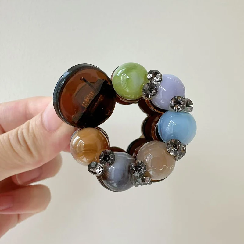 マルチカラーエレガントラインストーンスモールヘアクリップ レディース 韓国風ボールヘッドヘアクロウ ファッションガール バックオブザヘッドポニーテール