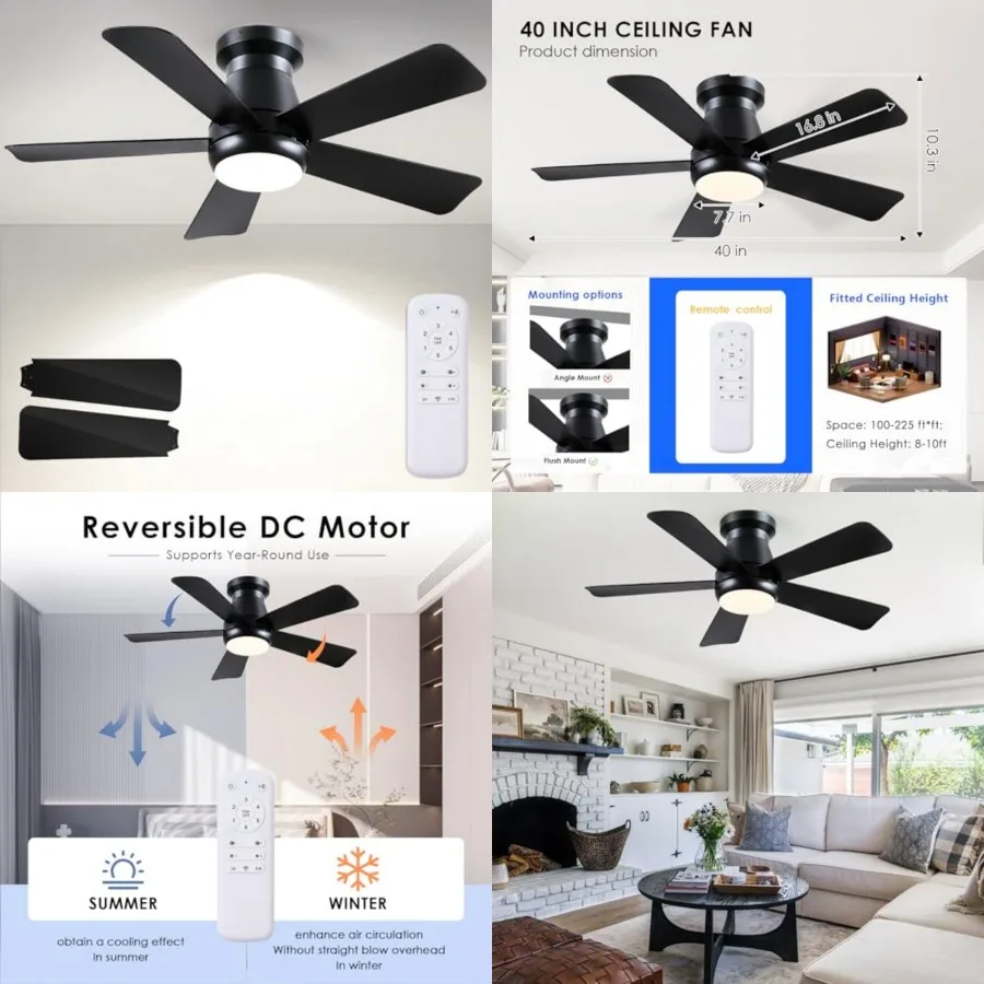 Ceiling Fan with Light and Remote, Low Profile Flush Mount Ceiling Fans, Quiet Reversible Motor, 3-Color Dimmable LED, Modern I