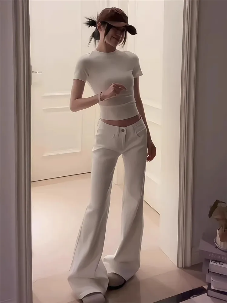 

Low Waist Flared Jeans Women's Loose Fit Summer Stretchy Floor-Length Pants American Style Spicy Girl White Denim Jeans
