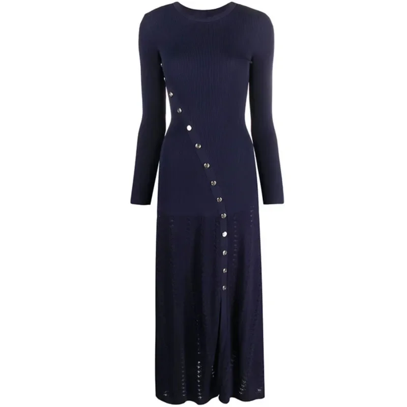 

2026 Daily Commute Gowns Casual Chic Single Breasted Knitted Dress Women Long Sleeve Round Neck Vestidos
