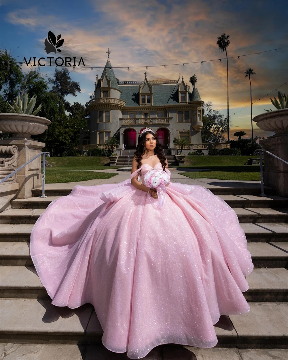 สีชมพูลูกปัดปิดไหล่ Quinceanera ชุด Puffy Ruffel Ball Gown วันเกิดลูกไม้หวาน 15 16 vestido ที่กําหนดเอง