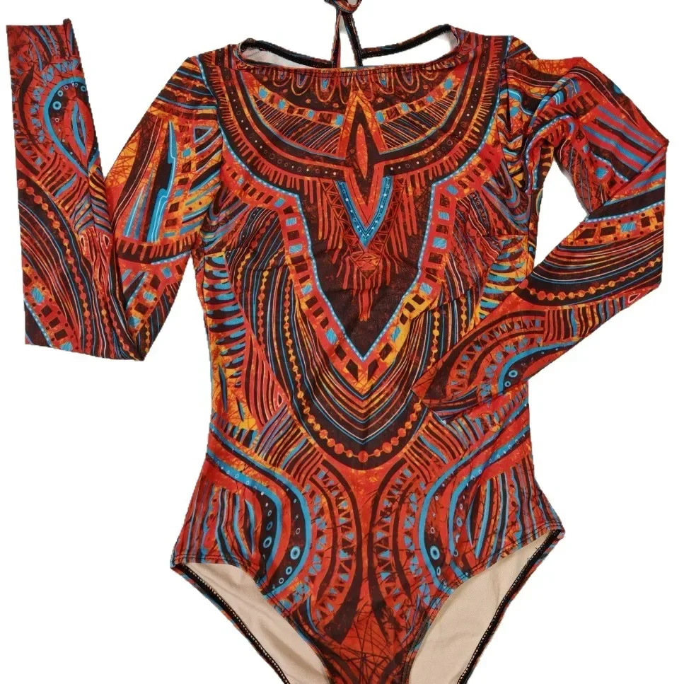 Multi Color Mesh Sunscreen Long Sleeve One Piece Swimsuit Sexy Wire-Free Bathing Suit for Women