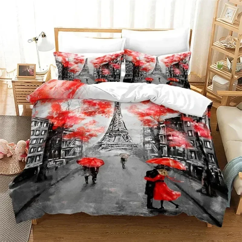 Luxury New 3D Print Eiffel Tower Duvet Cover Romantic Couple Flower King Cover France Paris Cityscape Bedding Set For Girl Teen