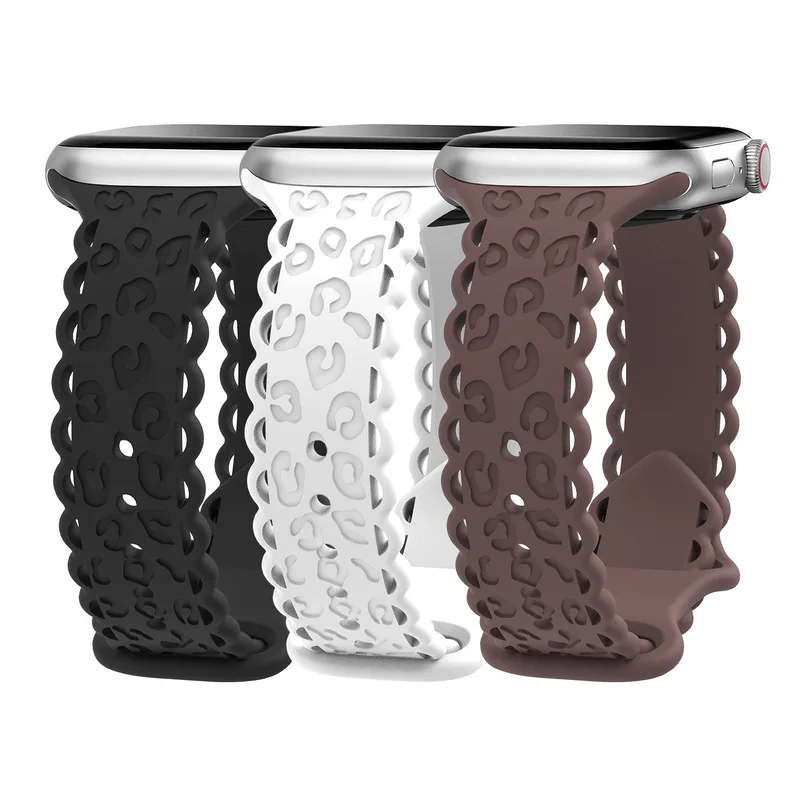 Compatible with Apple watch bandsiwatchS9Laser-engraved embossed butterfly buckle lace leopard print Apple Watch silicone strap