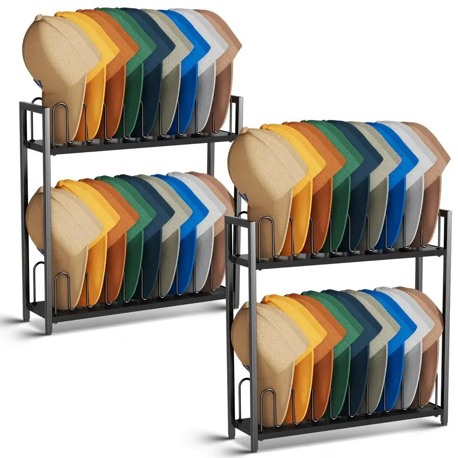 

Двухуровневый органайзер для бейсболок (2 шт.), вместимость 18 штук, черная деревянно-металлическая подставка для головных уборов, простая сборка.