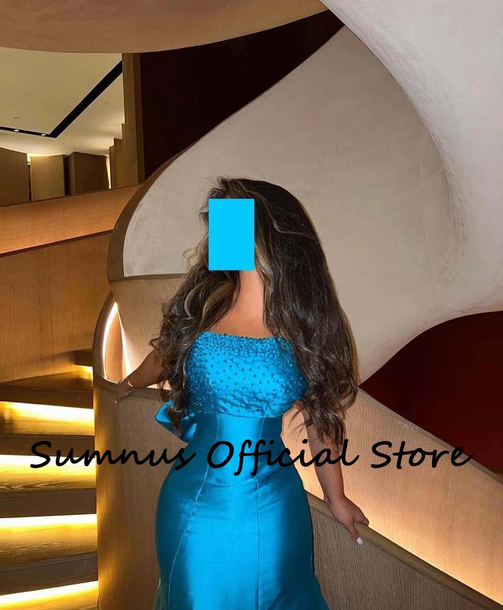 Sumnus azul cetim sereia vestidos de noite contas strapless andar comprimento com trem destacável dubai vestidos formais feitos sob encomenda