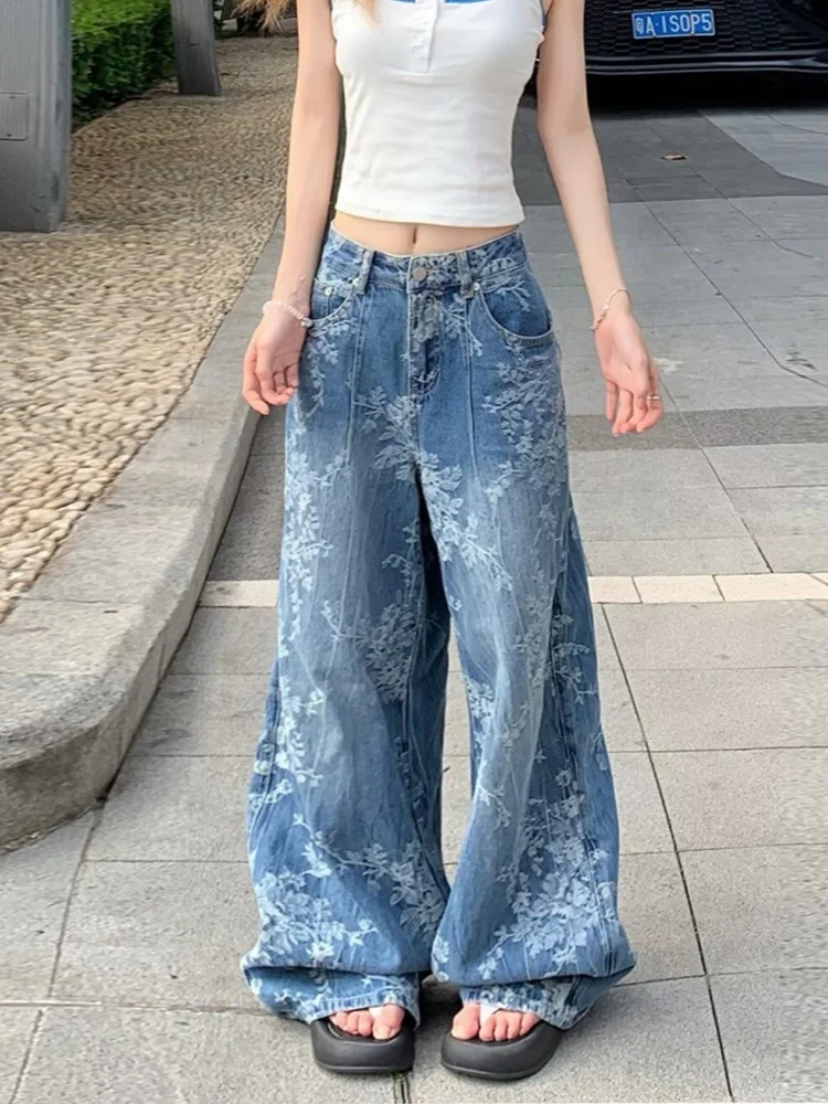 

2025 Ropa Y2K Fashion Washed Blue Jacquard Baggy New Jeans Pants For Women Clothing Straight Korean Casual Lady Denim Trousers