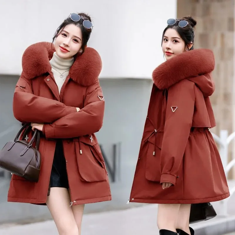 Women's Detachable Parker 2024 Winter New Plush Thicken Hooded Coat Female Oversized Warm Cotton Jacket Long Casual Overcoat