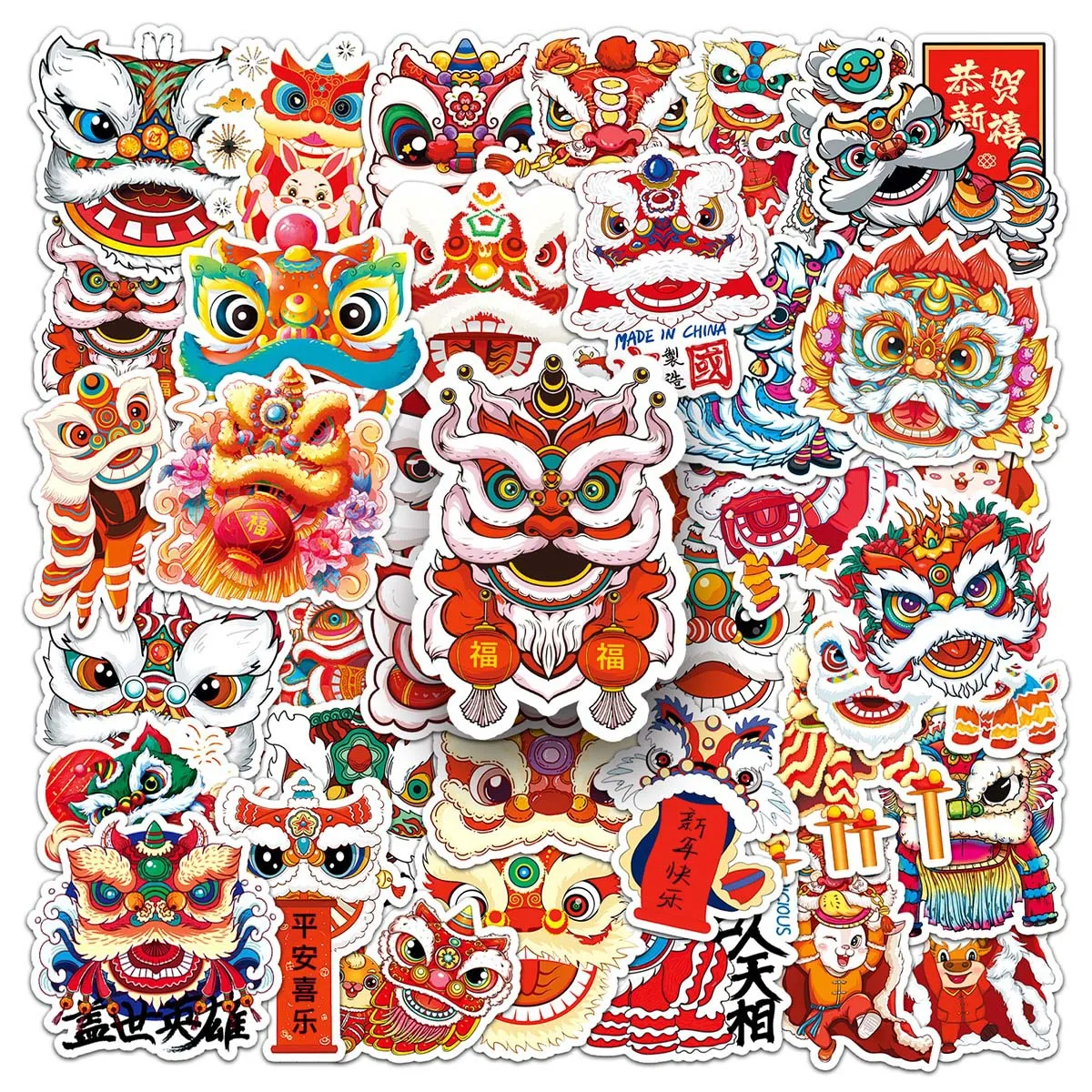 30Pcs Random Chinese Style Awakening Lion Sticker Pack, Aesthetic Red Waterproof Vinyl Decals for Phone Case