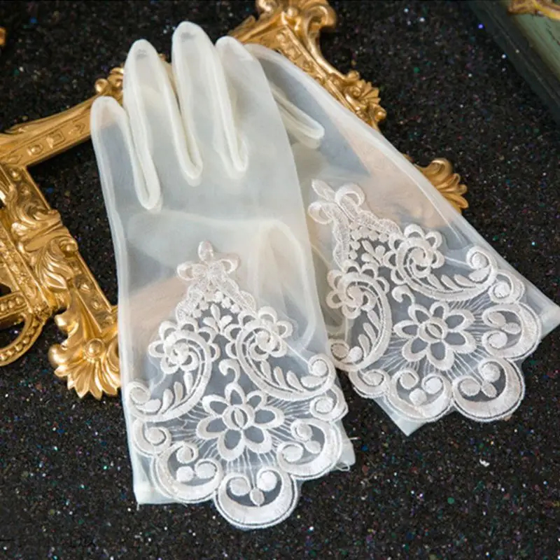 Lace Gloves Elegant Short Courtesy Summer Wrist Length Floral Embroidery Mittens for Women Girls Wedding Halloween Party