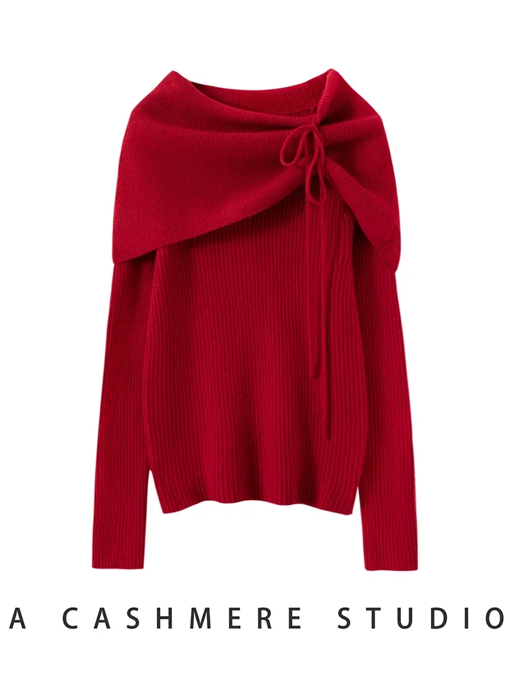 Tcyeek Women's 100% Cashmere Sweater Ruffled Collar Pullover Slash Neck Cashmere Knitwear Autumn Winter Grace Soft Clothes