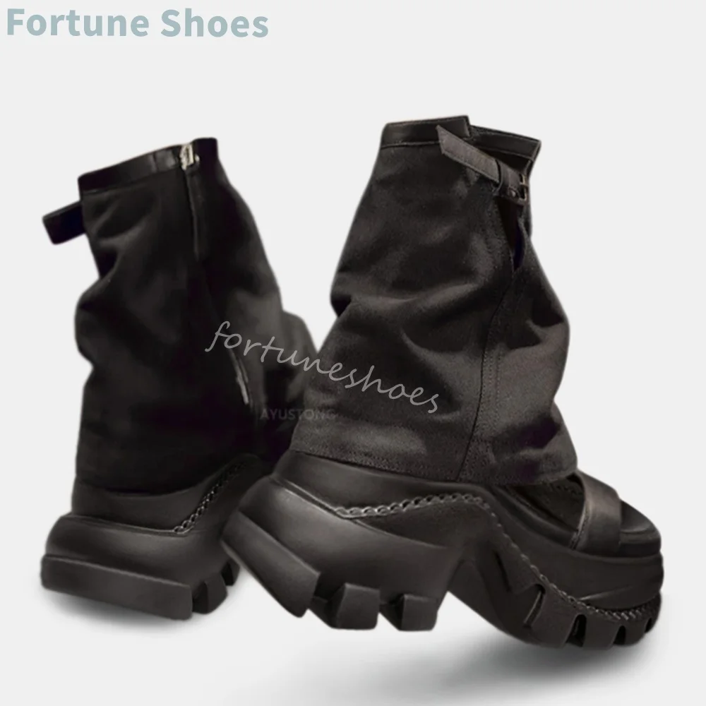 

Summer Platform Open Toe Trouser Boots Women Elegant Black Buckle Belt Side Zipper Concise Motorcycle Boots New Fashion Sandals