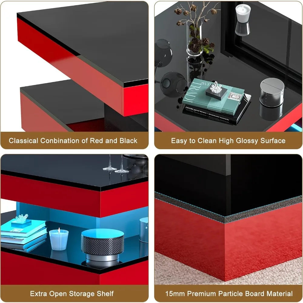 Красный светодиодный журнальный столик для гостиной, стол для гостиной, 2-уровневый квадратный современный глянцевый современный деревянный журнальный столик