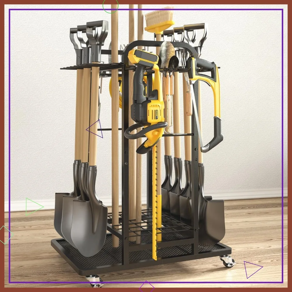 

Heavy Duty 3-Tier Yard Tool Rack with Lockable Wheels, Holds Up to 35 Long-Handled Tools and 12 Hooks for Garage Storage