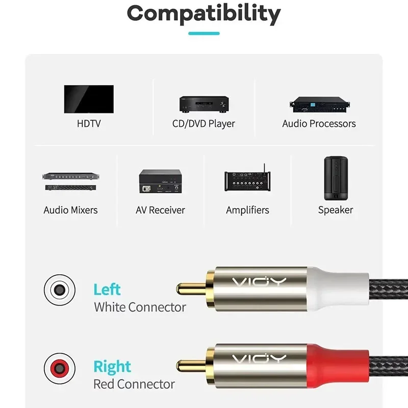 Posrebrzany kabel audio RCA do 2RCA męski do męskiego do wzmacniacza subwoofera Odbiornik AV Głośniki TV Odtwarzacz CD/DVD Mikser HDTV itp