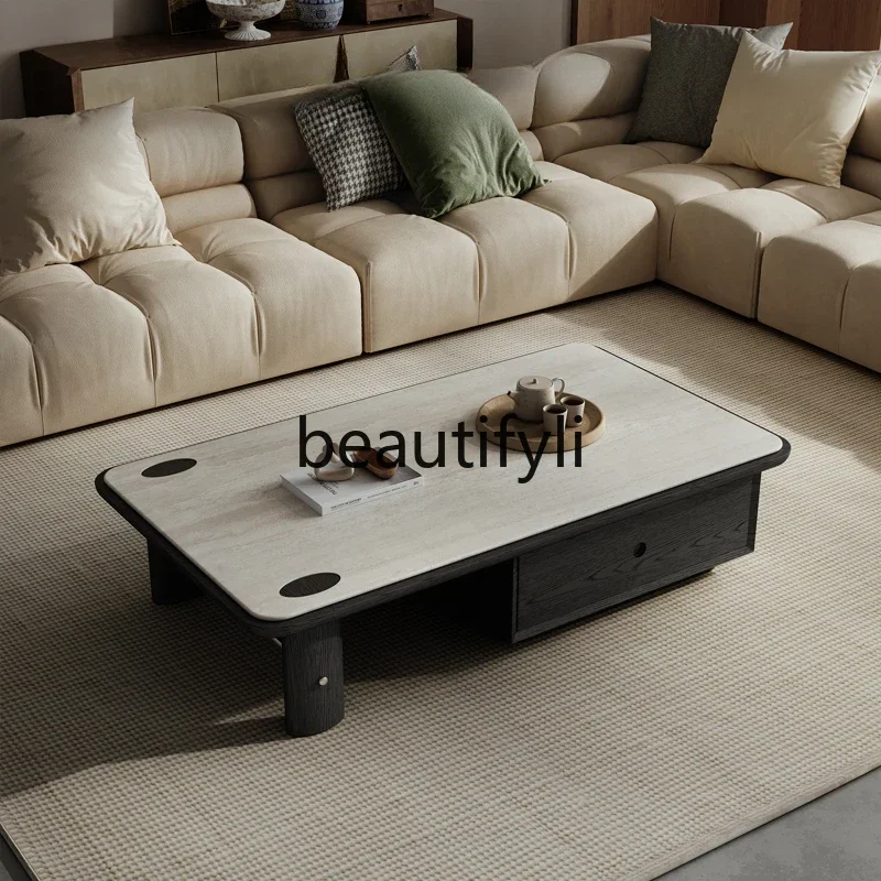 Wabi Sand wind travertine rock slab coffee table household living room high-end Italian minimalist rectangular coffee table