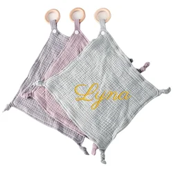 Name Personalized Soft Newborn Muslin Cotton Comforter Towel Baby Soothe Appease Towel Burp Cloth with Wood Teether Ring Gift