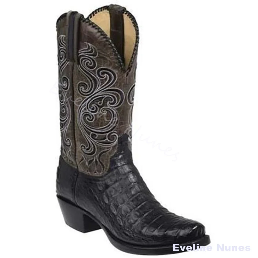 Crocodile Pattern Cowboy Boots Men Vintage Tooled Floral Engraved Western Mid Calf Boots Snip Toe Block Heel Retro Cowgirl Boots