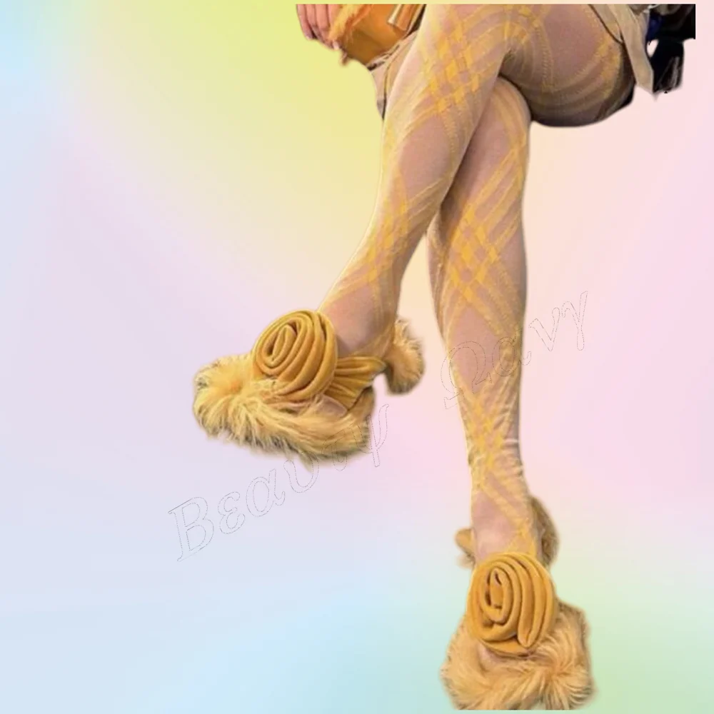 

Yellow Fur Decor Flower Slippers Round Toe Solid Heels Thin Cut Heels Shoes High Heel Shoes for Women 2025 Zapatos Para Mujere