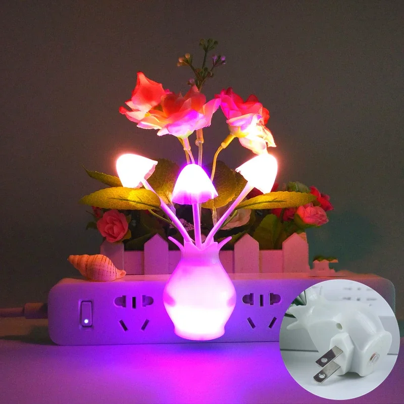 Dark Automatic Bright US Plug LED Novelty Light Mushroom Lilac Flower Light Sensor Night Lamp Home Decoration Romantic Light