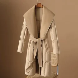 2024 New Fashion Winter Luxury Women Long Duck Down JacketWoolen Collar Coat Warm Slim Belt Thick Down Overcoat Female