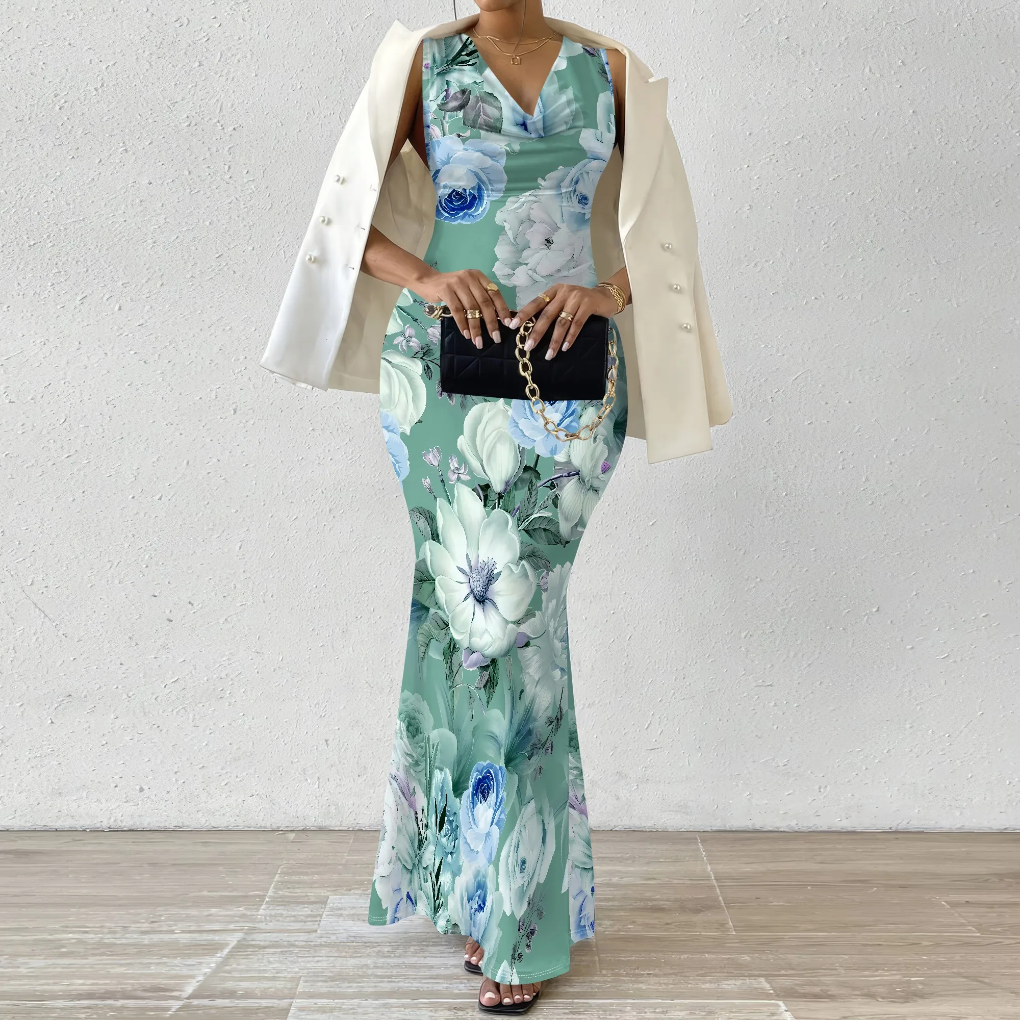 EQQZD Sexy Sleeveless Swing Neck Fishtail Maxi Dress, Beautiful Flowers Print Bodycon Dress for Women