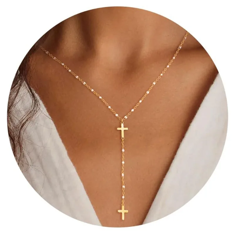 Minar Punk Cool Metallic Double Cross Y-shape Pendant Necklaces for Women 14K Real Gold Plated Copper Chain Chokers Wholesale