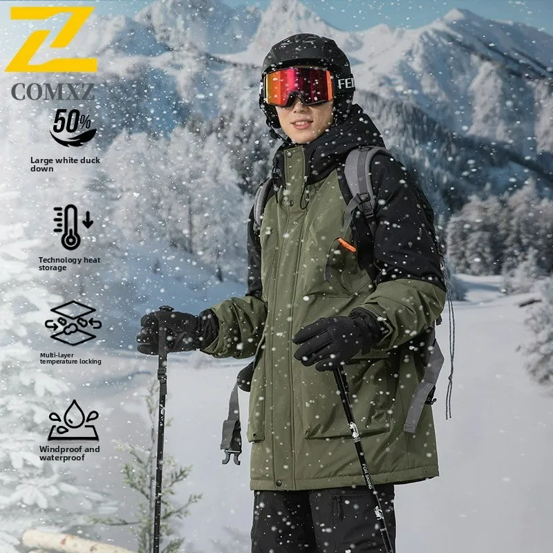 メンズロングダウンジャケットスプライシングフード付きアウトドア登山防寒パッド入りコートカジュアルスノースキー暖かい冬パーカー