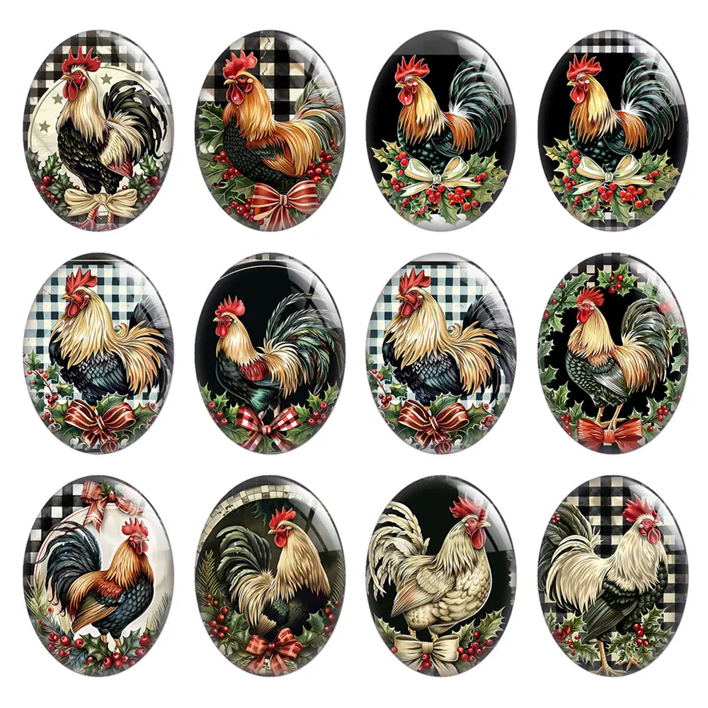 Random Mixed Round/Oval/Square Christmas Rooster Farm Winter Photo Glass Cabochon Flatback Demo Cameo For Diy Jewelry Making