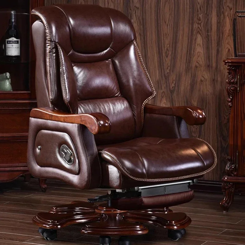 Swivel Office Chair Luxury Leather Solid Wood Legs Roller Stretch Executive Recliner Office Chair Boss Nordic Cadeiras Furniture