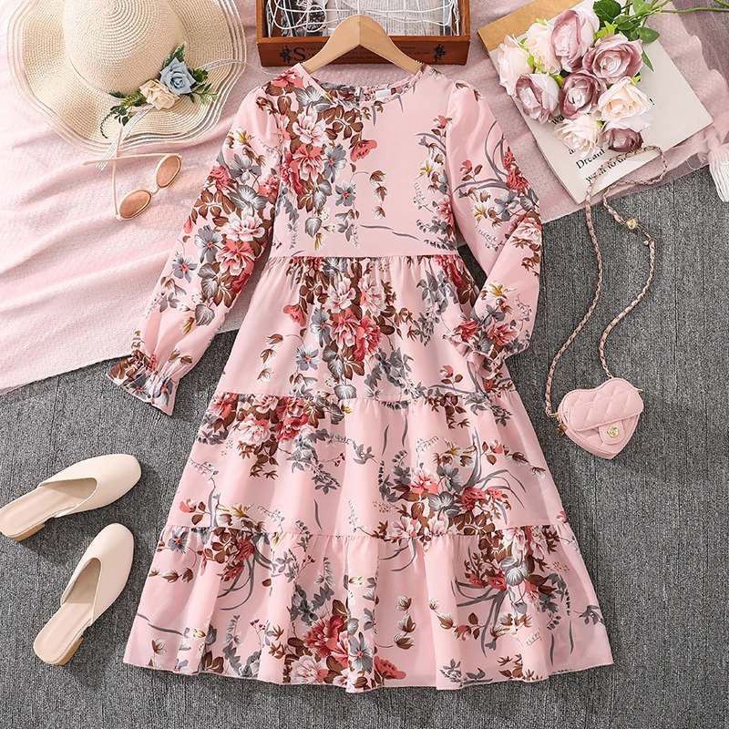 Kids Casual Dress for Girls 2024 New Spring Autumn Teenager Full Printing Long-Sleeved Dress Princess Dress Kids Daily Clothes