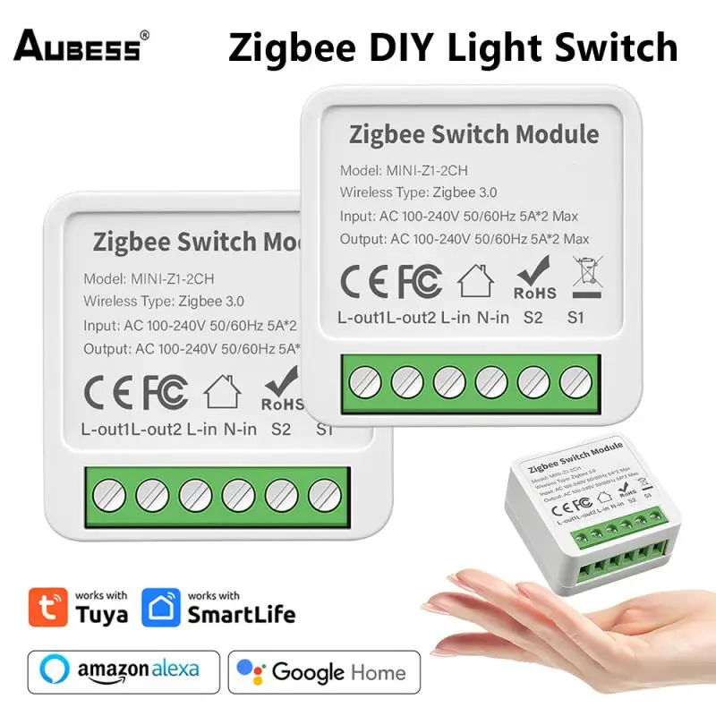 AUBESS Tuya WiFi / ZigBee Mini Smart Switch 1/2/3/4 Gang Support 2-way Voice Control via Smart Life APP Alexa Google Home Yandex