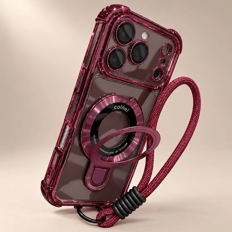 Custodia antiurto per telefono con pellicola protettiva integrata per l'obiettivo, laccetto alla moda e supporto, compatibile con iPhone 18, 17, 16, 15, 14, 13 Pro.