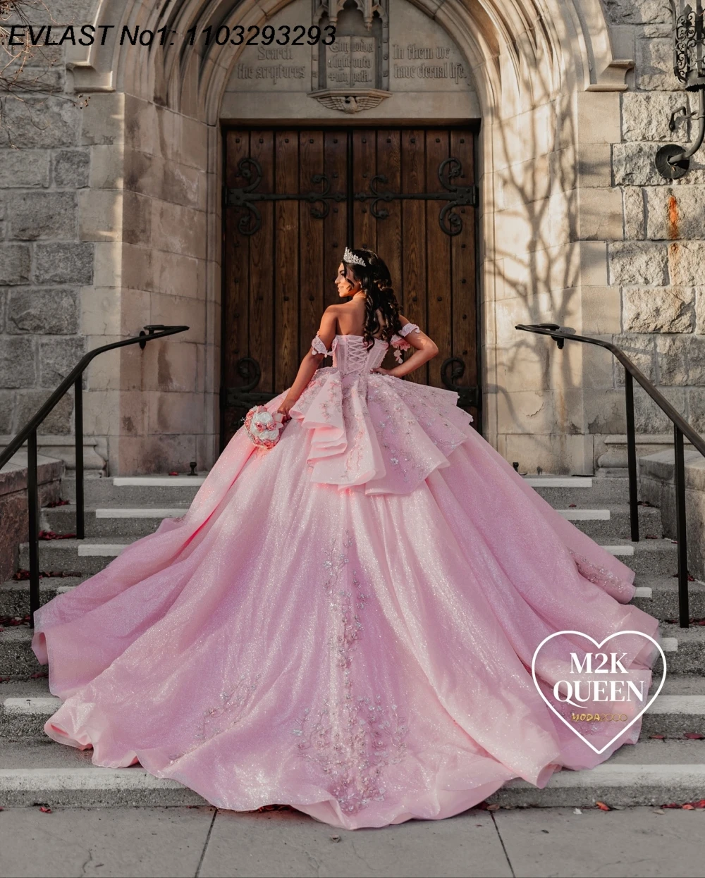 EVLAST personnalisé rose Quinceanera robe De bal dentelle Applique cristal perlé arc Corset doux 16 robes De 15 Anos E1QN710