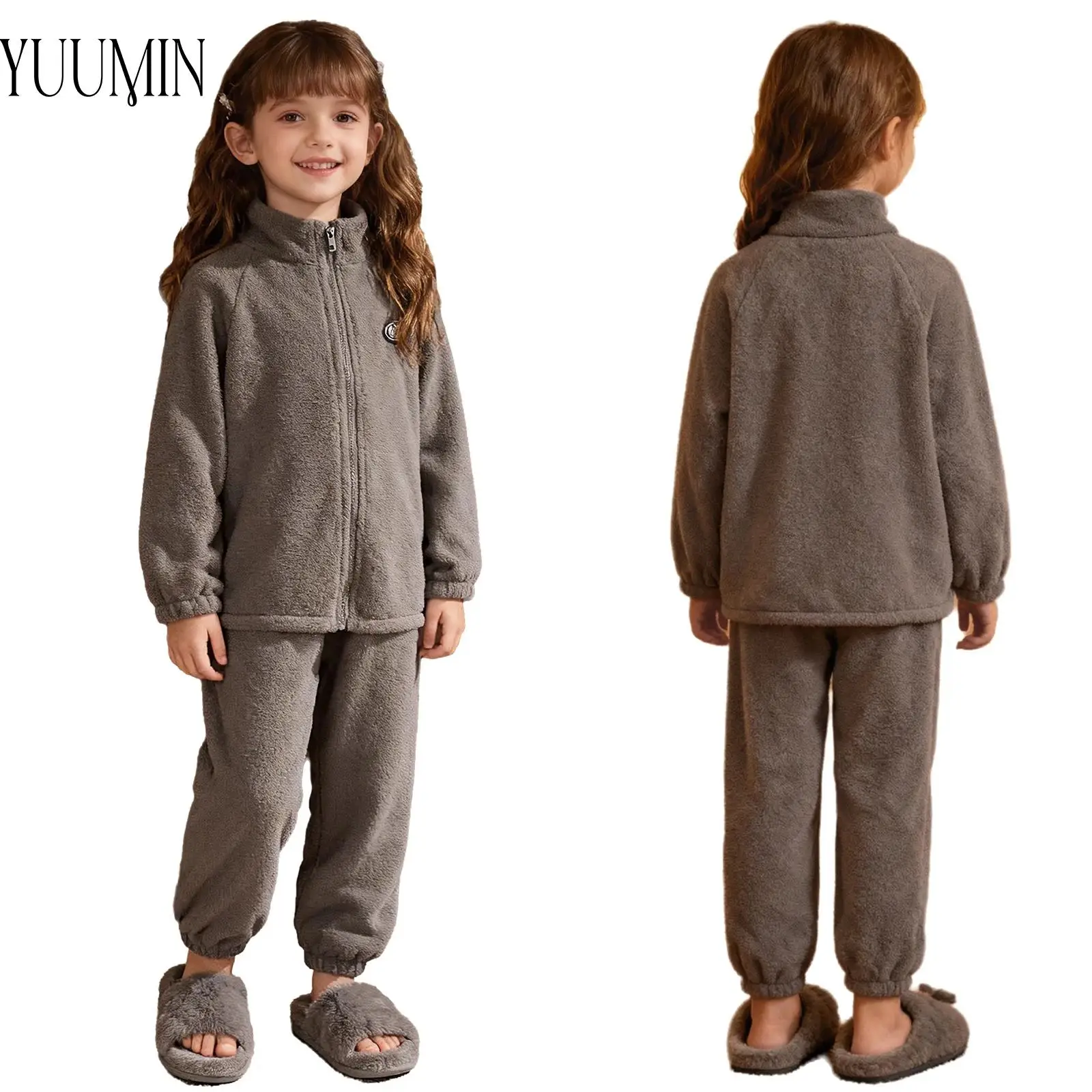 

Girls Boys 2Pcs Fleece Outfit Homewear Loungewear Stand Collar Long Sleeve Jacket+Pants Set Winter Casual School Clothes Set