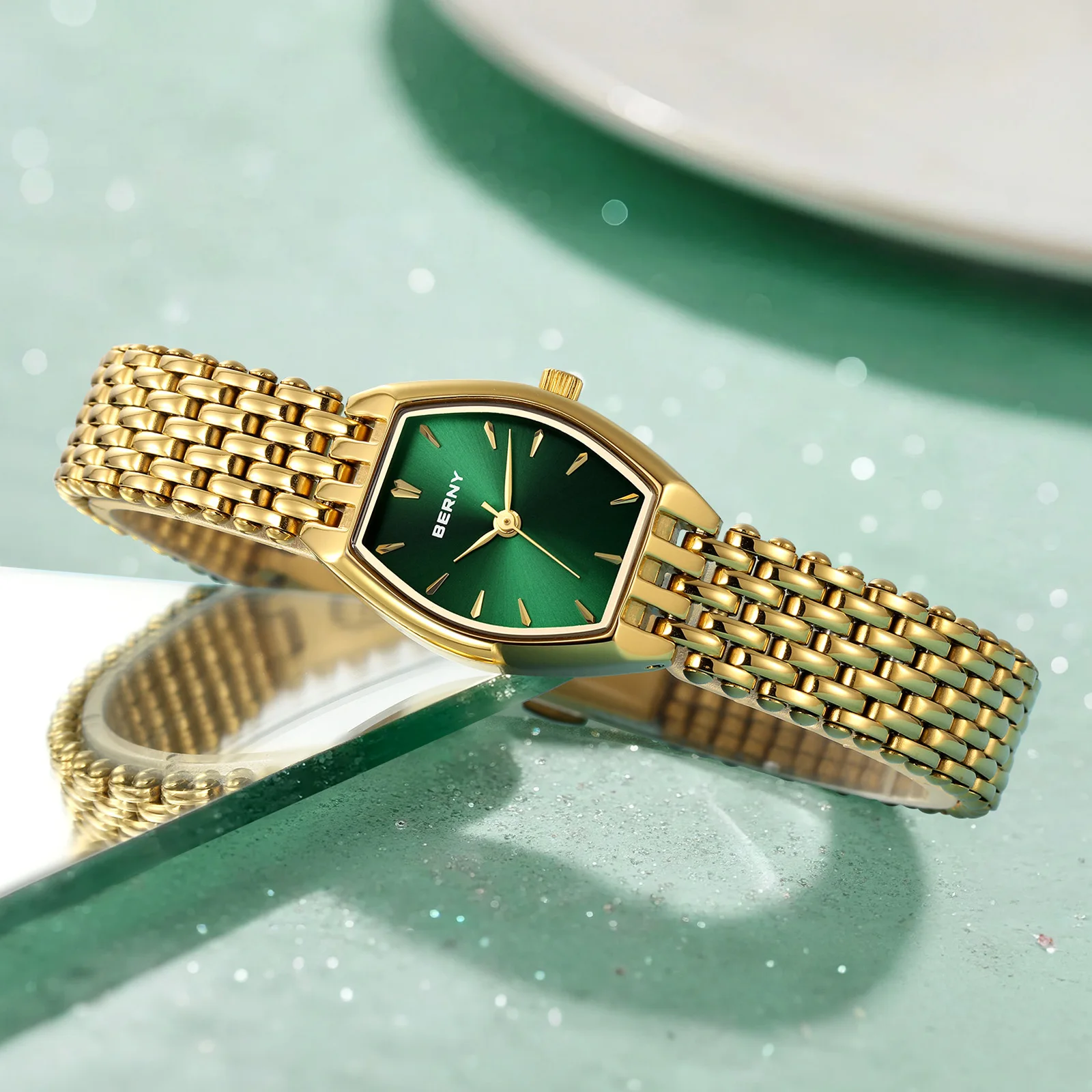 BERNY Gold Women's Watches Ultra-thin Luxury Elegant Ladies Quartz Watch Golden Stainless Steel Fashion Dress Wristwatch