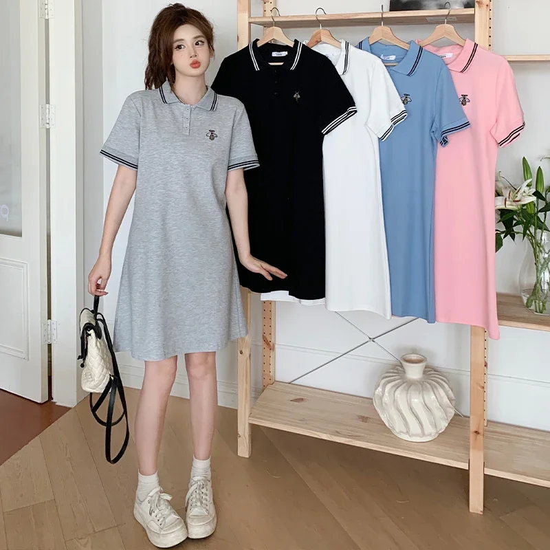 Large Size Women's Dress Summer Casual Polo Collar Dresses Student Kawaii White Short-sleeved H Line Vestidos Mujer Y2k 4xl