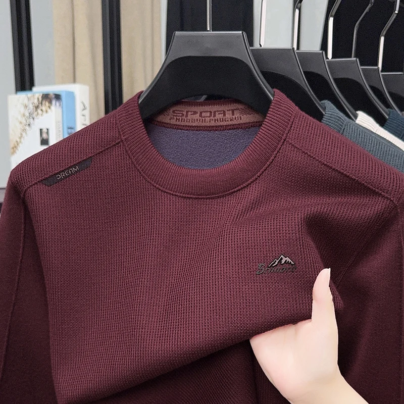 Man Luxury Long Sleeves Knitwear Round Neck Printing Fleece-Lined Korean-Style Winter New Pullover Casual Fashion Men's Clothing