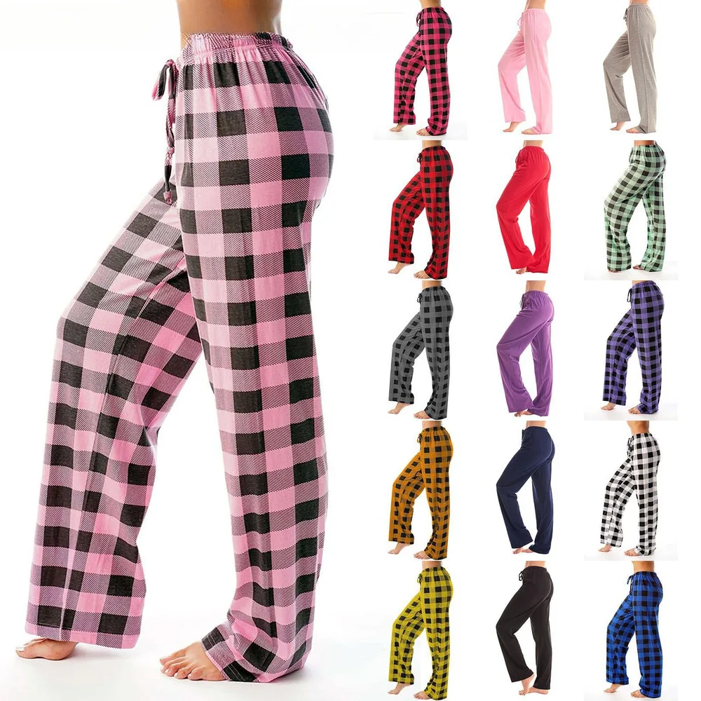 

Fashion Womens Casual Plaid Print Pants Elastic Waist Lounge Trousers Spring Autumn Homewear Comfort Stretchy Waist