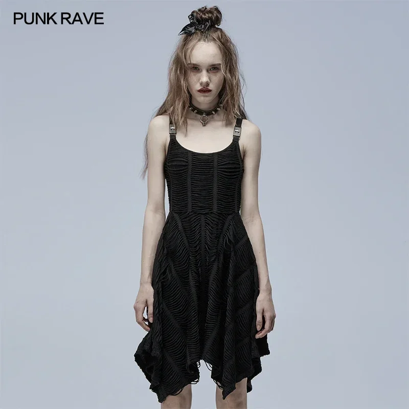 punk-rave-women's-gothic-asymmetric-sexy-slip-black-dress-punk-shoulder-loop-decorative-personality-casual-clothes-summer