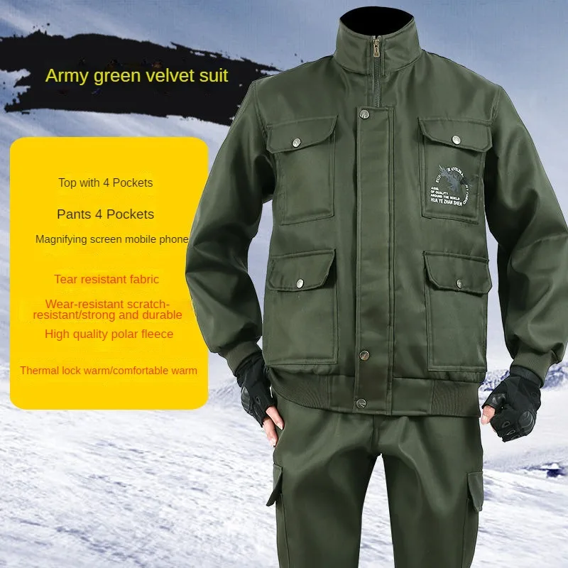Plush Outdoor Work Clothes Men\'s Clothing Autumn Cold Proof Warm Jacket Coat Pants Two Piece Short Velvet Loose Camouflage Suit