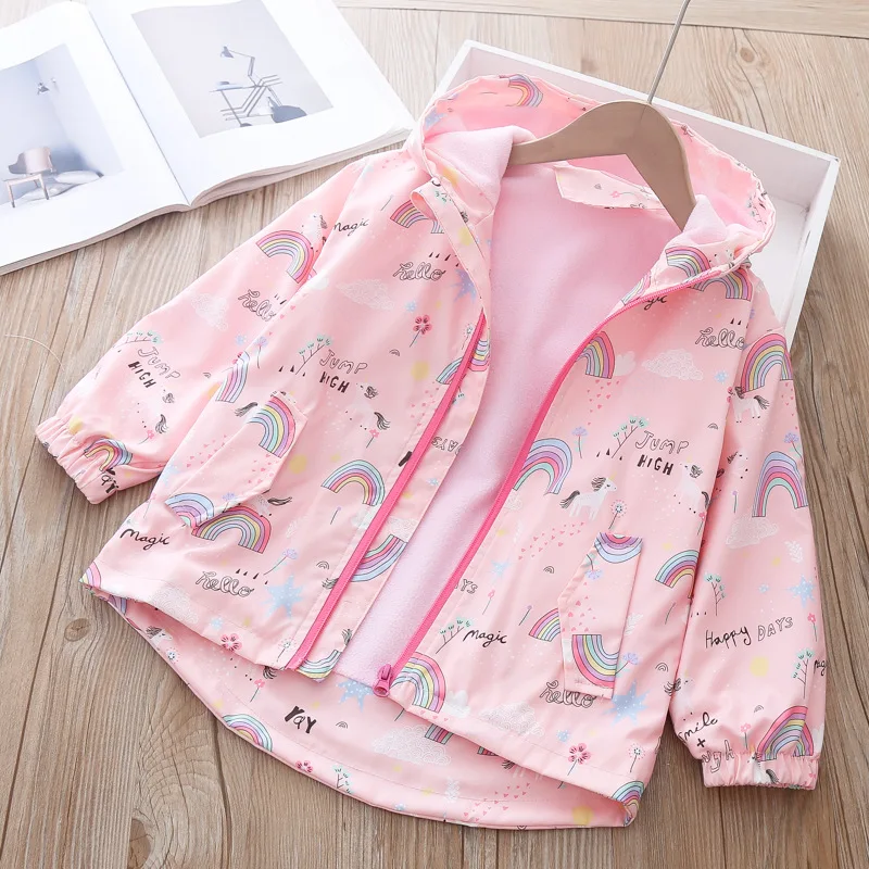 Cute Rainbow Unicorn Girls Jacket Spring Autumn Christmas Outerwear Hooded Zipper Boys Windbreaker Coats 2-10 Years Kids Clothes