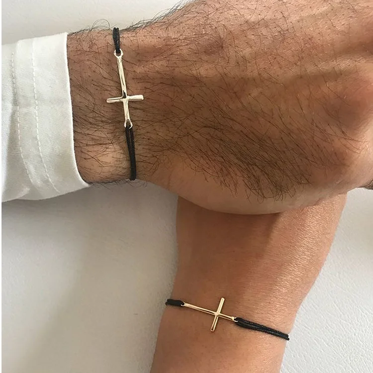 Set Di 2 Braccialetti Intrecciati Con Croce Per Coppie - Gioielli Cristiani Regolabili In Blu Marino E Verde Oliva, Regalo Di Fede Per Uomo E Donna