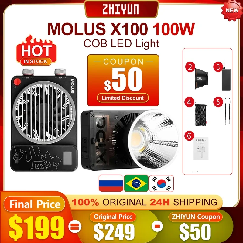 ZHIYUN MOLUS X100 100W COB LED Light Outdoor Photography Lighting Photo/Video Shooting Handheld Portable Pocket Light