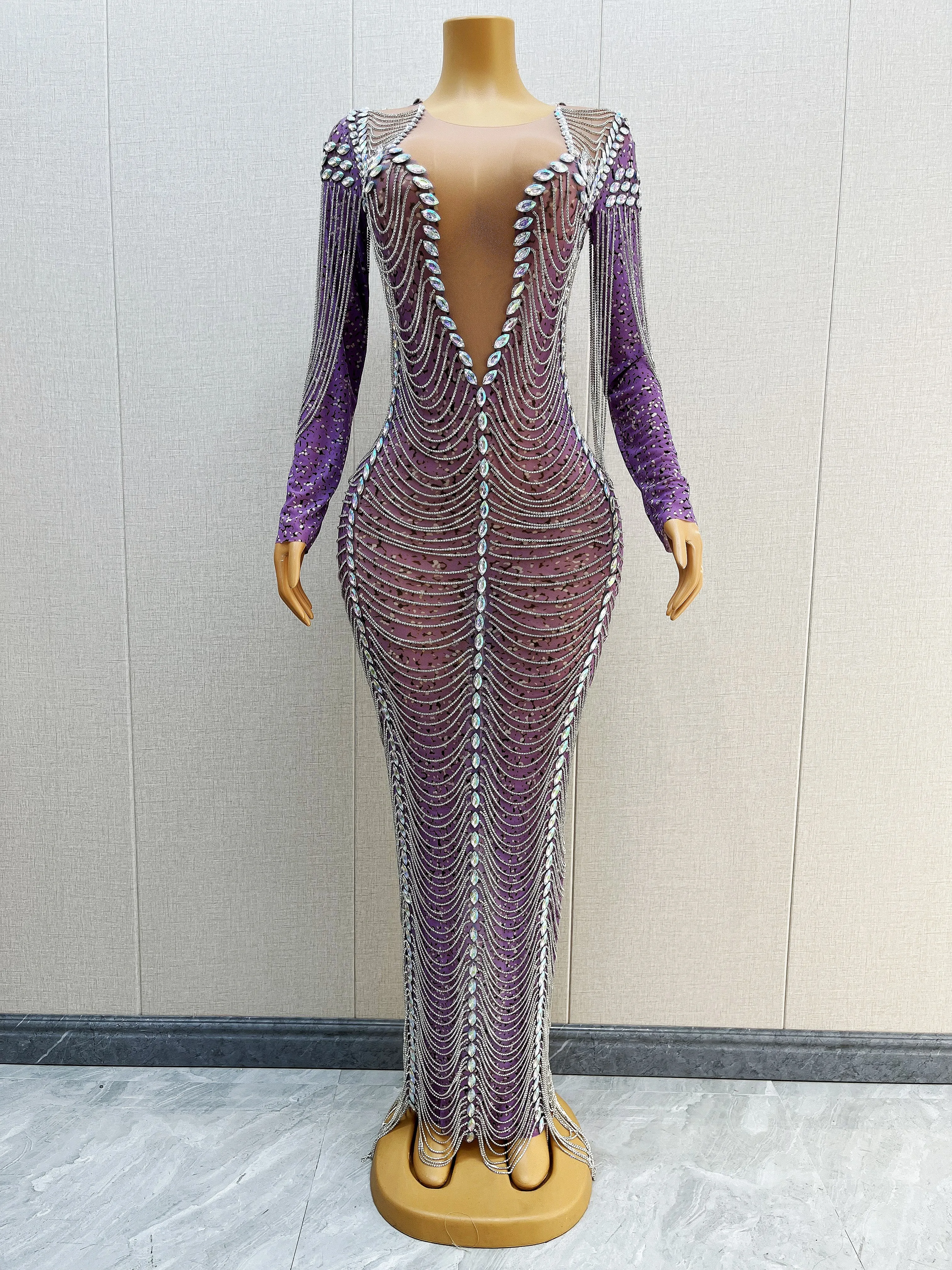 Sexy AB Rhinestones Crystals Chains Purple Dress Evening Nightclub Sexy Stretch Costume Female Singer Performance caihua