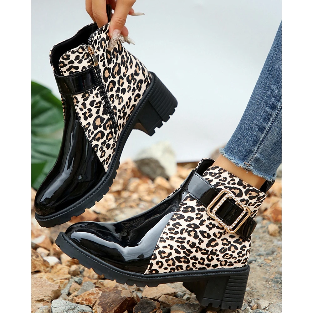 

Winter Women Leopard Colorblock Belt Buckle Zipper Ankle Boots Casual Round Toe Ankle High Heel Marten Boots Daily Korean Style