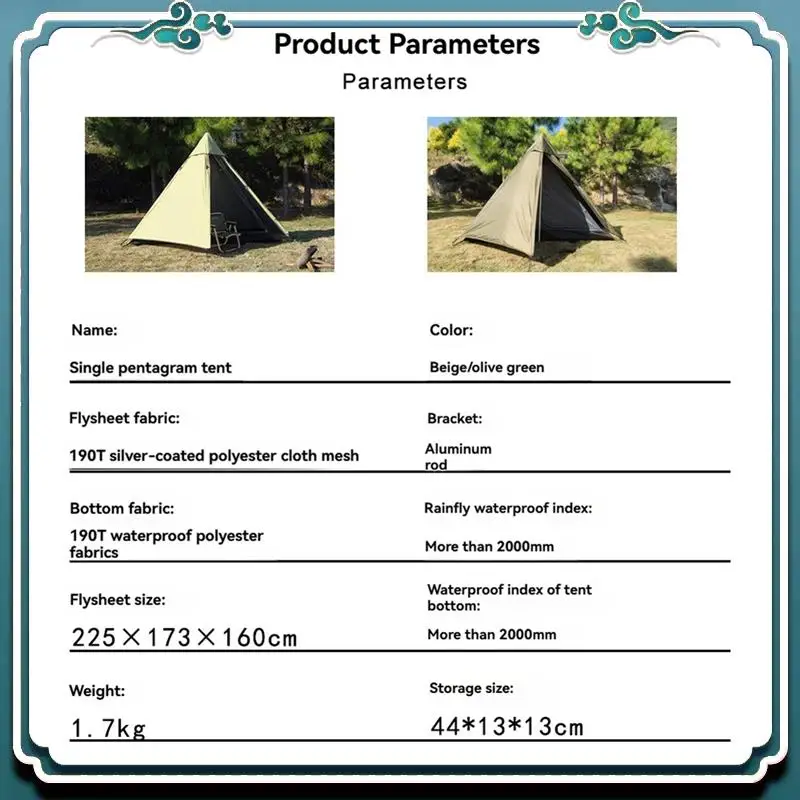

Reliable Pyramid Tent Solo Tent Ultralight Tipi Tent Outdoor Camping Portable Single Tent Waterproof Hiking Backpacking