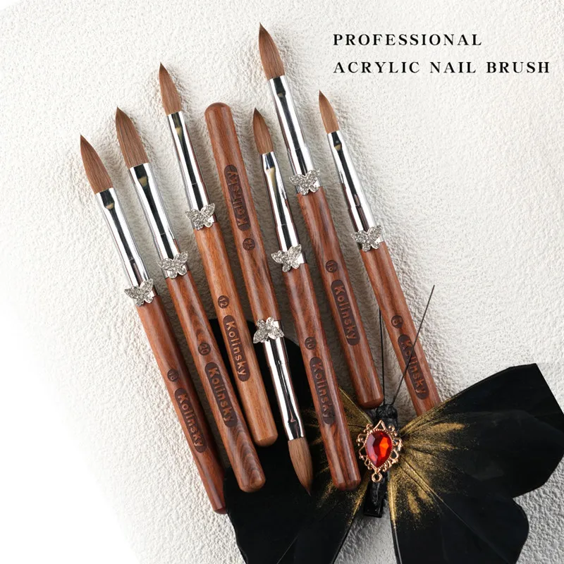 แปรงเพ้นท์เล็บขนโคเลียนสกี้ ด้ามไม้ทรงกลม หัวแปรงแบบแบน ปลายกลม สำหรับเพ้นท์ลายเส้นไล่สี แบบฝรั่งเศส 1 ชิ้น