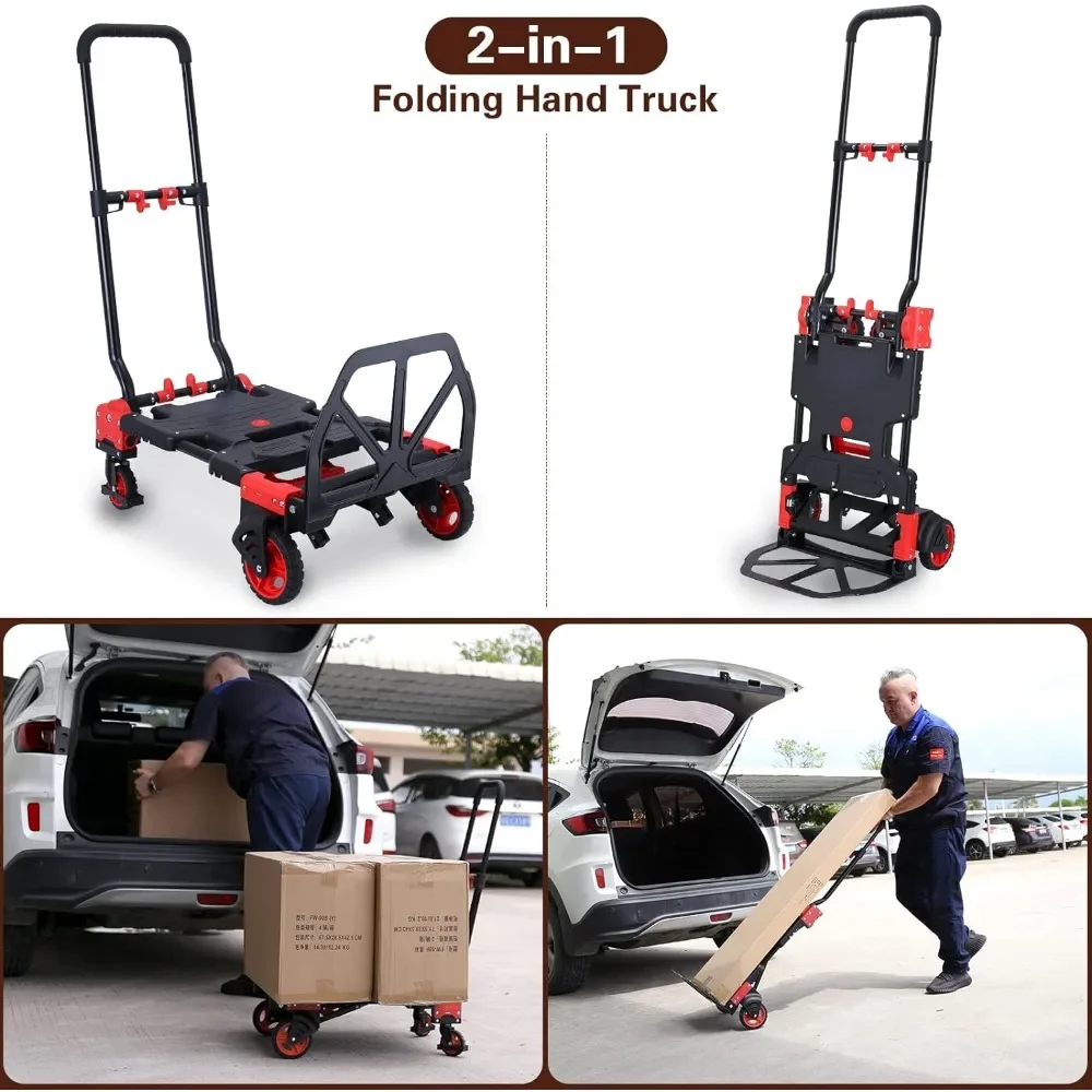 Caminhão dobrável Dolly com cesta dobrável, Caminhão de mão com 4 rodas, Handtruck de capacidade de 330LBS, 2 em 1